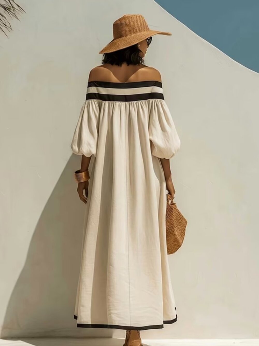 Elegant Off-Shoulder Color-Block Loose Lantern Sleeve Flared Vacation Style - Picture 3 of 3